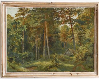 FREE SHIPPING - Wooden Cottage In The Middle Of The Forest Vintage Oil Painting - Summer Woods Oil Painting - Beautiful Green Forest Art