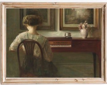 FREE SHIPPING - Vintage Lady Playing Music at the Spinet Painting- Classic Rustic Home Decor- Vintage Old House Interior Painting