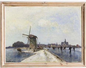 FREE SHIPPING - Ice Skating Next To A Windmill Painting- Dutch Cityscape Vintage Painting- Frozen River Wall Art- Dutch Windmill Art Print