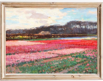 FREE SHIPPING  / Red Flowers Field Vintage Painting / Flower Meadow Art Print / Pink Flower Kitchen Wall Decor
