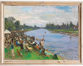 LIVRAISON GRATUITE / Vintage Boat Race Painting / Rowing Boat Regatta Art Print / Festival On The River Art Print