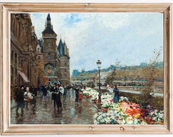 FREE SHIPPING - Flower Market In France Vintage Painting- France Cityscape Art Print- French Architecture Cityscape Painting- Paris Wall Art