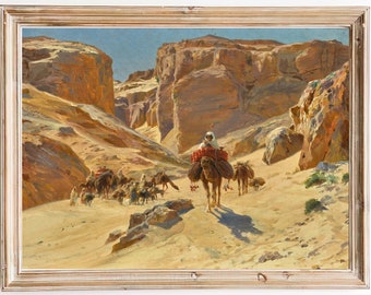 FREE SHIPPING - Camel Riding In The Desert Painting - Vintage Arabian Desert Landscape Painting - Egyptian Desert Art Print