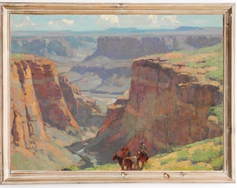 FREE SHIPPING - Grand Canyon Painting- Western American Landscape Painting- Horse Riding Western Print- Arizona Landscape Art