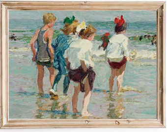 FREE SHIPPING -  Kids On The Beach Vintage Painting - Summer Vacation British Painting - Children On The Beach Art Print - Seascape Painting