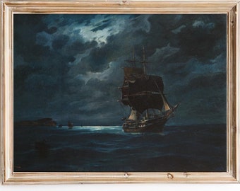 FREE SHIPPING - Ship Sailing The Sea At Night Painting - Vintage Seascape Oil Painting - Dark Night Ocean Art Print