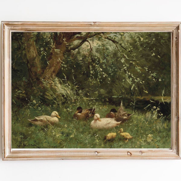 FREE SHIPPING - Ducks And Ducklings Riverside Forest Oil Painting- Vintage Duck Painting- Cute Birds Print