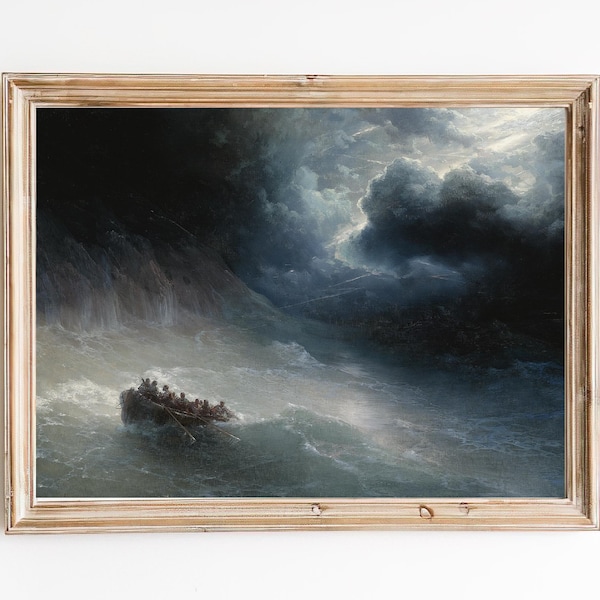 LIVRAISON GRATUITE - Ocean Storm Painting - Rowing In The Rough Seas Art Print - Storm Sky 19th Century Painting