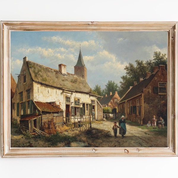 FREE SHIPPING  / Old Village Realism Painting / Dutch Small Town Oil Painting / Old Town Street Art Print / Classic Realism Painting