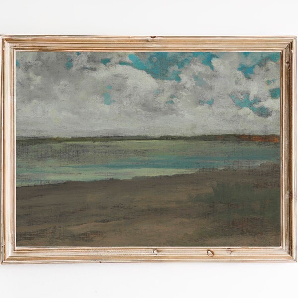 FREE SHIPPING - Irish Shore Coastal Vintage Oil Painting- Moody Landscape Painting- Clouds Art Print