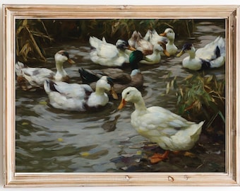 FREE SHIPPING  / Ducks Swimming In A Pond Painting / Realism Ducks Painting / Beautiful Birds Wall Art Print / Muddy Pond Art Print