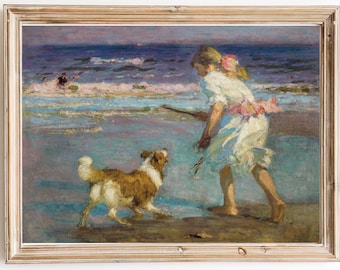 FREE SHIPPING - Girl playing with her Dog on the Beach- Kid And Her Dog Print