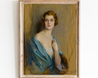 FREE SHIPPING - Blue Eyes Woman Portrait Art Print - Lady In Blue Vintage Painting - Antique Female Portrait