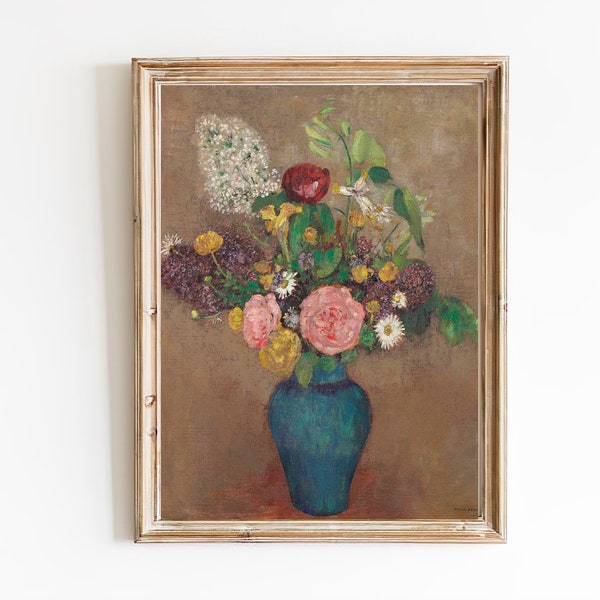 FREE SHIPPING - Vintage 19th Century Vase Of Flowers Oil Painting - Living Room Flower Wall Art - Classic Flower Art Print