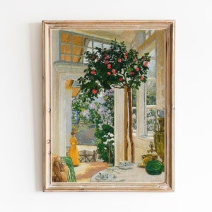 Lámina artística de una mujer en el jardín – Pintura vintage de un árbol frutal