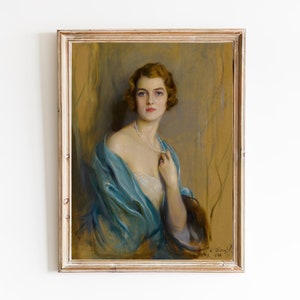 FREE SHIPPING - Blue Eyes Woman Portrait Art Print - Lady In Blue Vintage Painting - Antique Female Portrait