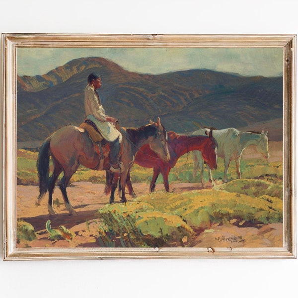 FREE SHIPPING / Vintage Western Desert Painting / Native American Horse Riding Wall Art Print / Western Horses Art Print