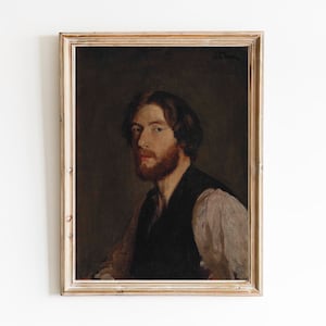 FREE SHIPPING - Red Bearded Long Hair Man Vintage Antique Painting- 19th Century Portrait