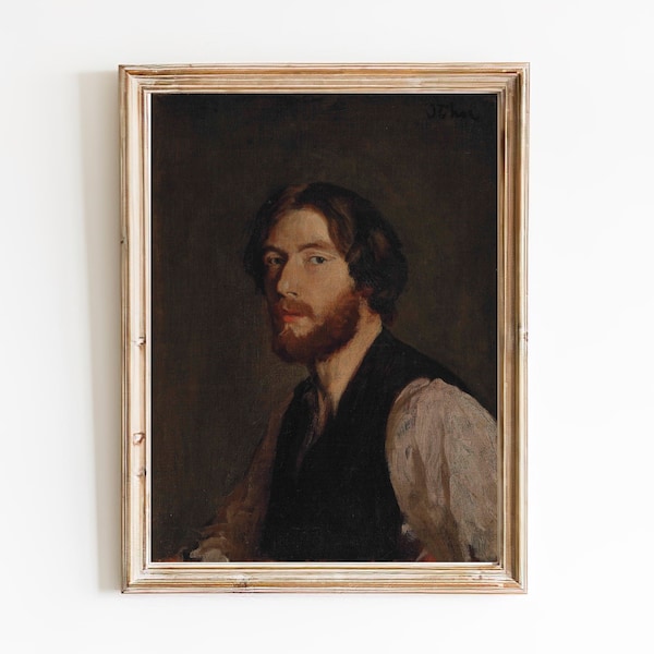 FREE SHIPPING - Red Bearded Long Hair Man Vintage Antique Painting- 19th Century Portrait