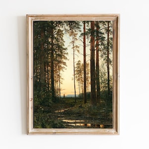 FREE SHIPPING - Evening In The Woods Art Print - Forest Sunset Oil Painting - High Tree Forest Landscape Art