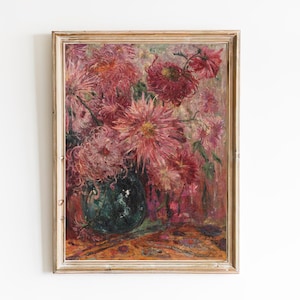 FREE SHIPPING - Pink Chrysanthemums Vintage Flower Oil Painting- Kitchen Pink Flowers Wall Decor- Pink Room Art Print