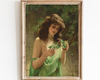 FREE SHIPPING  / Woman In Green Holding A Butterfly Vintage Oil Painting / Classic Portrait Of A Woman In A Green Dress