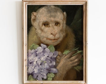 FREE SHIPPING - Monkey wIth a Flower Bouquet Portrait Art - 19th Century Animal Portrait Painting