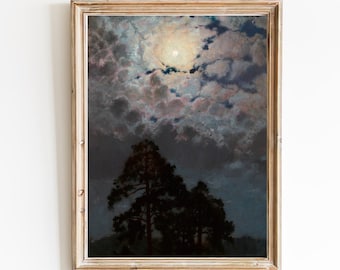 FREE SHIPPING - Pine Trees in the Evening Light Art -  Cloudy Night Sky Painting - Moon Above the Mountain Art