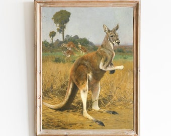 FREE SHIPPING - Vintage Kangaroo Portrait Painting - Australia Landscape Painting Print - Kangaroos Wall Art