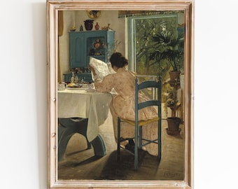 FREE SHIPPING - Woman Reading The Morning Papers Art Print - Vintage Danish Painting - Old House Interior Art