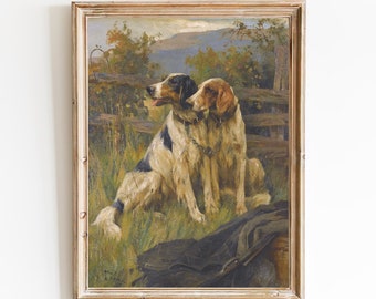 FREE SHIPPING - Two Hound Dogs Vintage Oil Painting - Village Dogs Portrait Art Print - Dogs In The Mountains Landscape Art