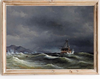 FREE SHIPPING - Small Boat Sailing Rough Sea Waves Vintage Coastal Painting- Seascape Painting- Sea At Night Art Print- Dark Ocean Art Print