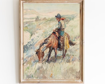 FREE SHIPPING  / Cowboy Western Landscape Painting / Horse Cowboy Art Print / Vintage Western Scenery / Horse Riding Western Art