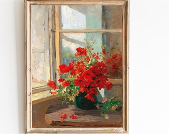 Impression d'art vintage coquelicots - bouquet de fleurs rouges, nature morte