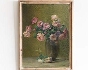 FREE SHIPPING - Pink Roses On A Table Oil Painting - Pink Flower Vase Art Print - Vintage Flowers Painting