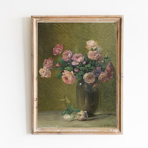 FREE SHIPPING Pink Roses On A Table Oil Painting Pink Flower Vase Art Print Vintage Flowers Painting image 1