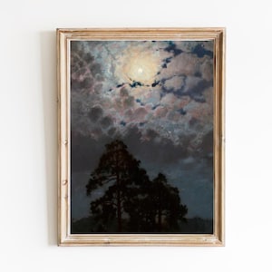 FREE SHIPPING - Pine Trees in the Evening Light Art -  Cloudy Night Sky Painting - Moon Above the Mountain Art