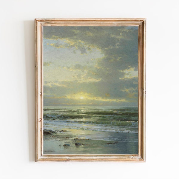 FREE SHIPPING - Sunrise At The Beach Oil Painting - Vintage Seascape Painting - Beautiful Sand Beach Art - Ocean Waves Art