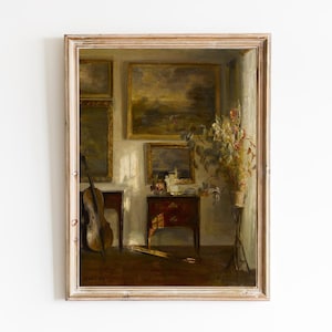 FREE SHIPPING - Oil Painting Of Vintage Interior With a Cello - Nordic Vintage House Art - Antique Wall Art Print