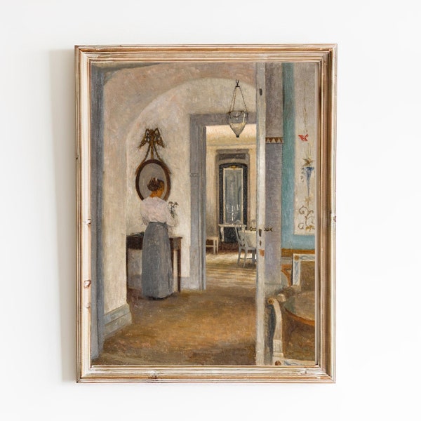 LIVRAISON GRATUITE- Peinture d’intérieur vintage Blue Home- Peinture intérieure classique- Impression d’art blue Walls House- Lady Looking At A Mirror Print