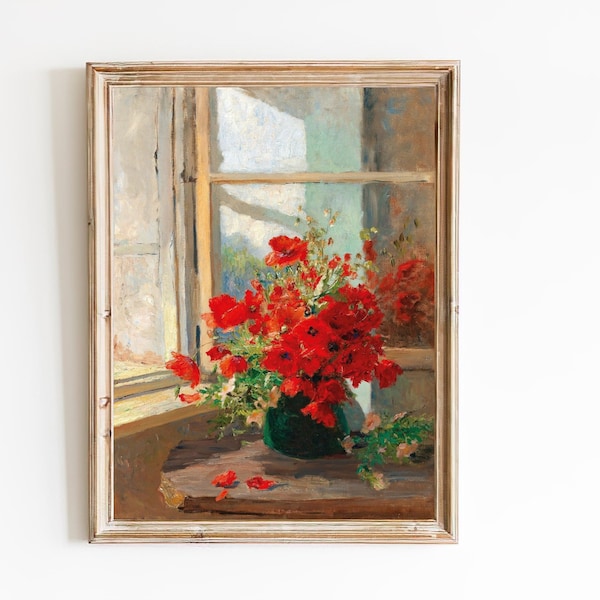 FREE SHIPPING - Poppies By The Window Art Print - Red Flower Bouquet Painting - Vintage Still Life Art