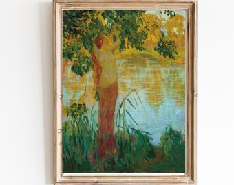 Vintage Water Nymph Painting, Mythology Figure Art Print