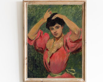 FREE SHIPPING - Vintage Woman Portrait Art Print - Girl In Pink 19th Century Painting - Italian Impressionism Pastel Art