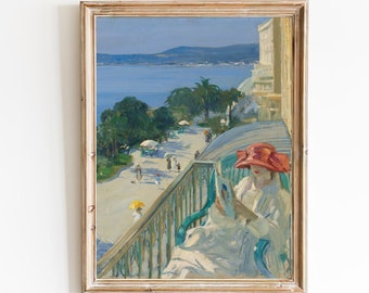 FREE SHIPPING - Vintage Summer In Florida Art Print - Woman Reading On The Balcony Art - Florida Beach Scenery Art