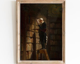 FREE SHIPPING - Vintage Beautiful Library Art Print - Old Man Searching For Books In A Big Old Library Art - Library Wall Decor