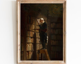 FREE SHIPPING - Vintage Beautiful Library Art Print - Old Man Searching For Books In A Big Old Library Art - Library Wall Decor