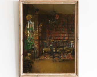 FREE SHIPPING - Vintage Library Art Print- Book Shelves Wall Art - Antique Interior Painting