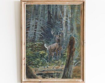 Vintage Deer in Woods Watercolor Print – Restored Forest Animal Art