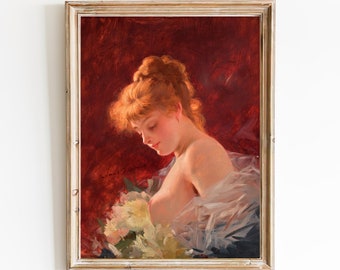Retrato de mujer pelirroja, lámina – Pintura vintage restaurada