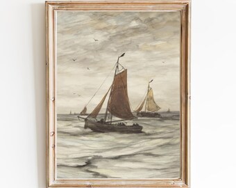 以下が含まれることがあります： 曇り空を背景に、荒れた海に2隻の帆船を描いた額装された水彩画です。